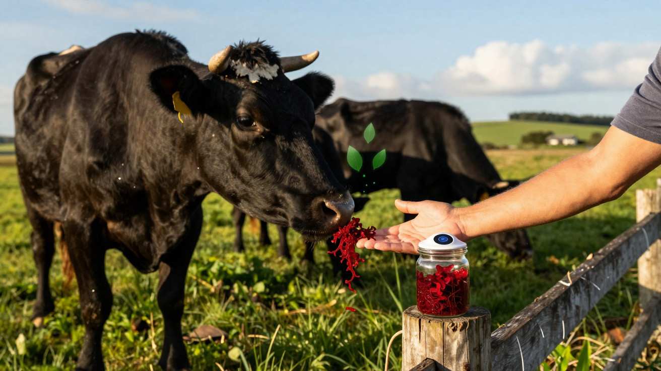 Vaca preta a ser alimentada com frutos vermelhos por uma pessoa num campo verde com mais vacas ao fundo.