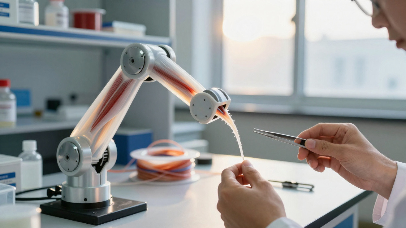Braço robótico biomimético em laboratório, com detalhes musculares, sendo manipulado por mãos humanas.