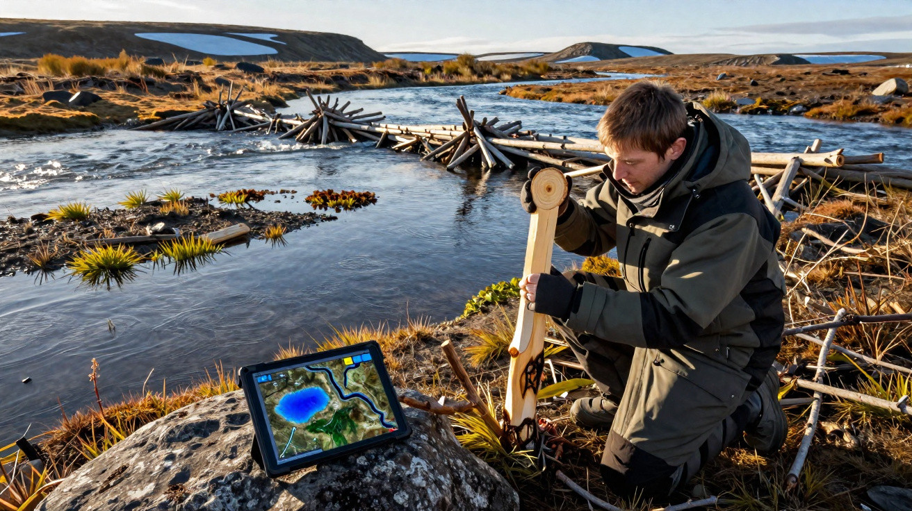 Pessoa a recolher amostra de solo junto a rio, com tablet a mostrar mapa topográfico, em paisagem natural aberta.