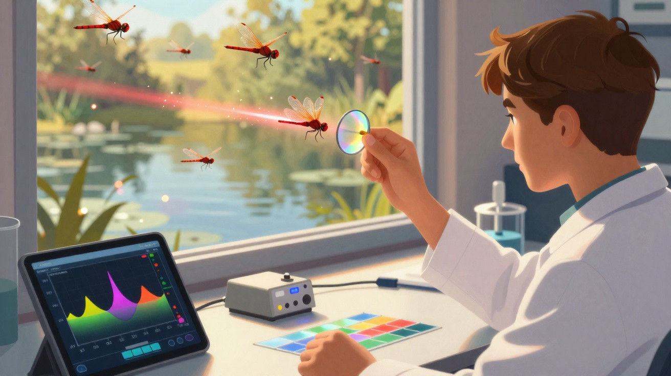 Cientista observa libélula vermelha através de prisma perto de lago com várias libélulas voando.