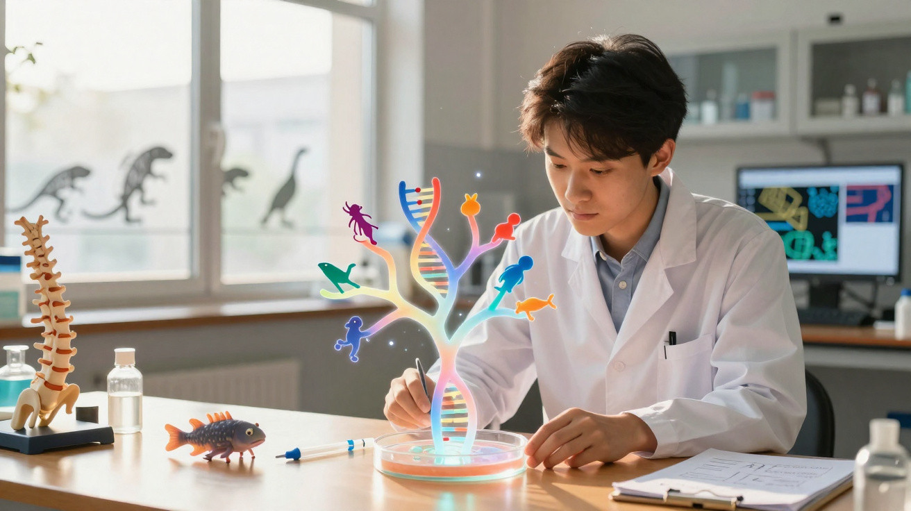 Cientista em laboratório observa modelo holográfico de DNA e evolução de espécies marinhas.