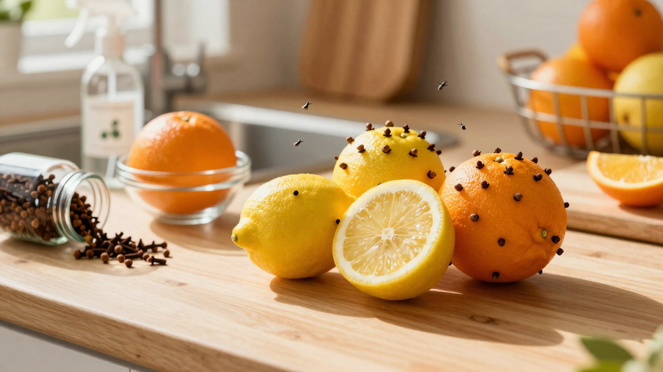 Limões e uma laranja cravados com cravinho sobre bancada de madeira numa cozinha iluminada.
