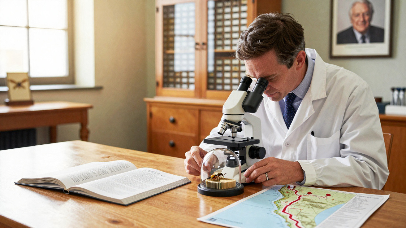 Cientista idoso em laboratório observa amostra de inseto ao microscópio numa mesa com livro e mapa.