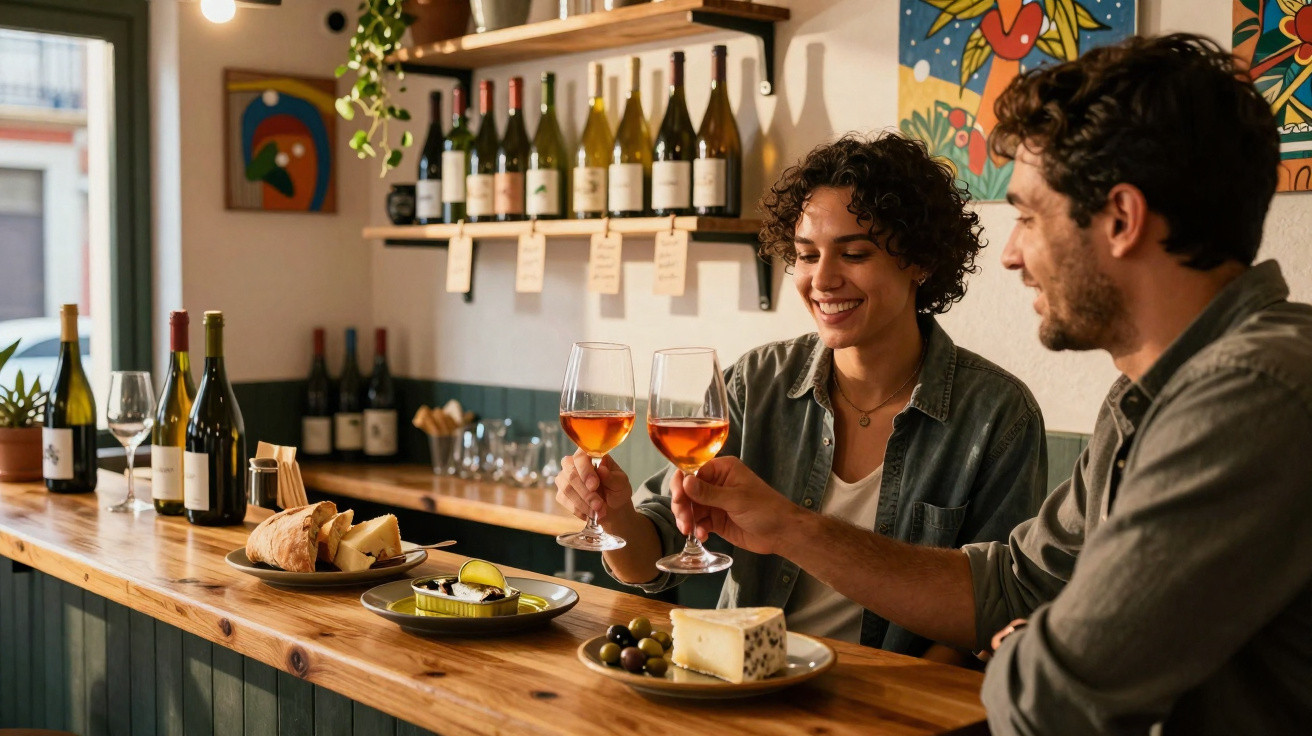 Duas pessoas brindam com copos de vinho tinto num bar com petiscos e garrafas de vinho ao fundo.