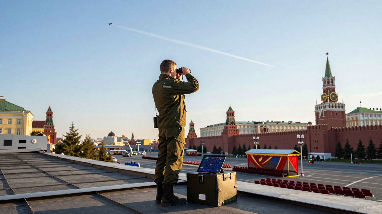 Soldado de uniforme observa com binóculos uma praça perto de muralha vermelha e torres ao pôr do sol.