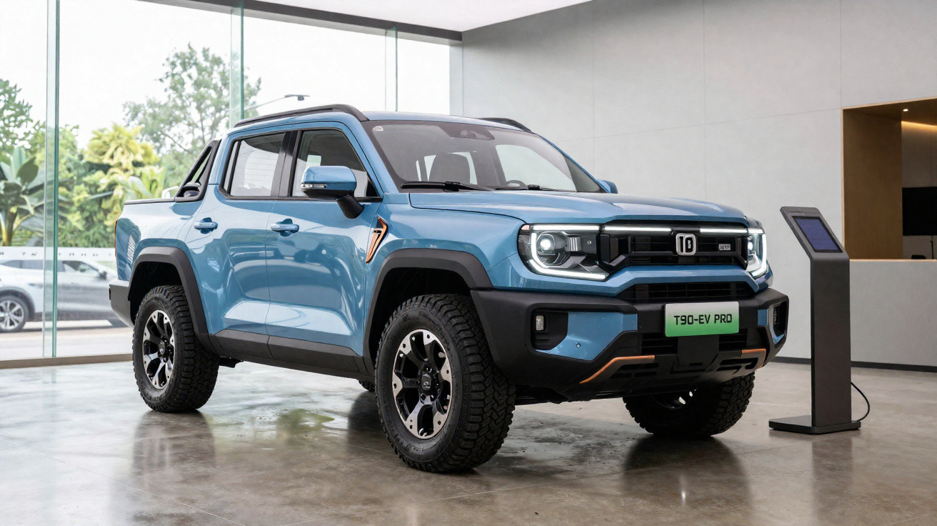 Pequena camioneta elétrica azul T90-EV PRO exibida numa sala de exposição moderna.