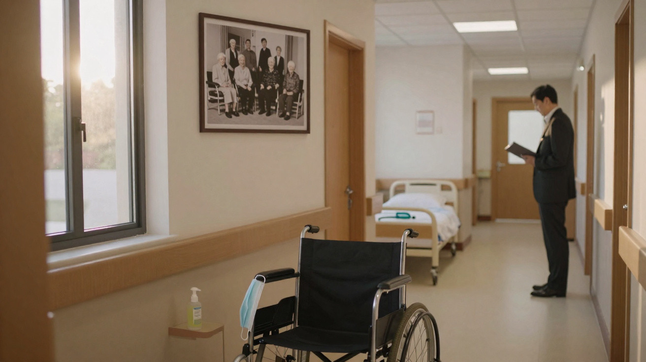 Corredor de hospital com cadeira de rodas, cama e pessoa de negro a ler ao fundo.