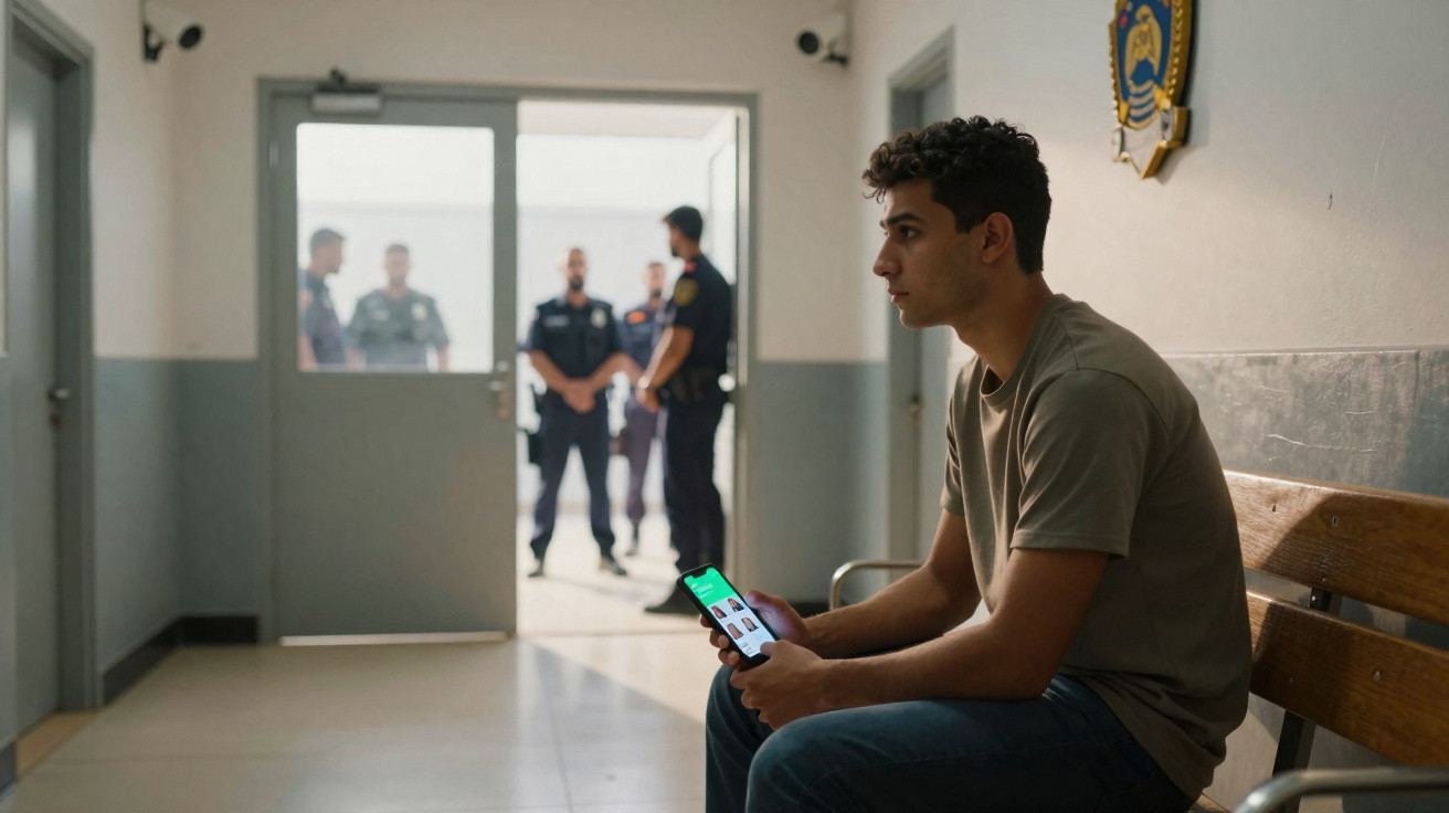 Jovem sentado num banco num corredor com quatro polícias ao fundo perto da porta aberta.