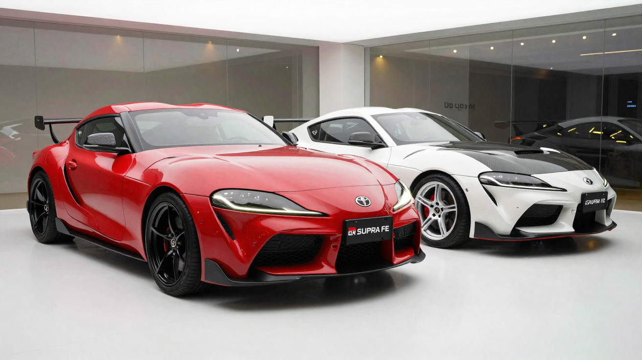 Dois carros desportivos Toyota Supra, um vermelho e outro branco, estacionados numa garagem moderna com chão branco e paredes