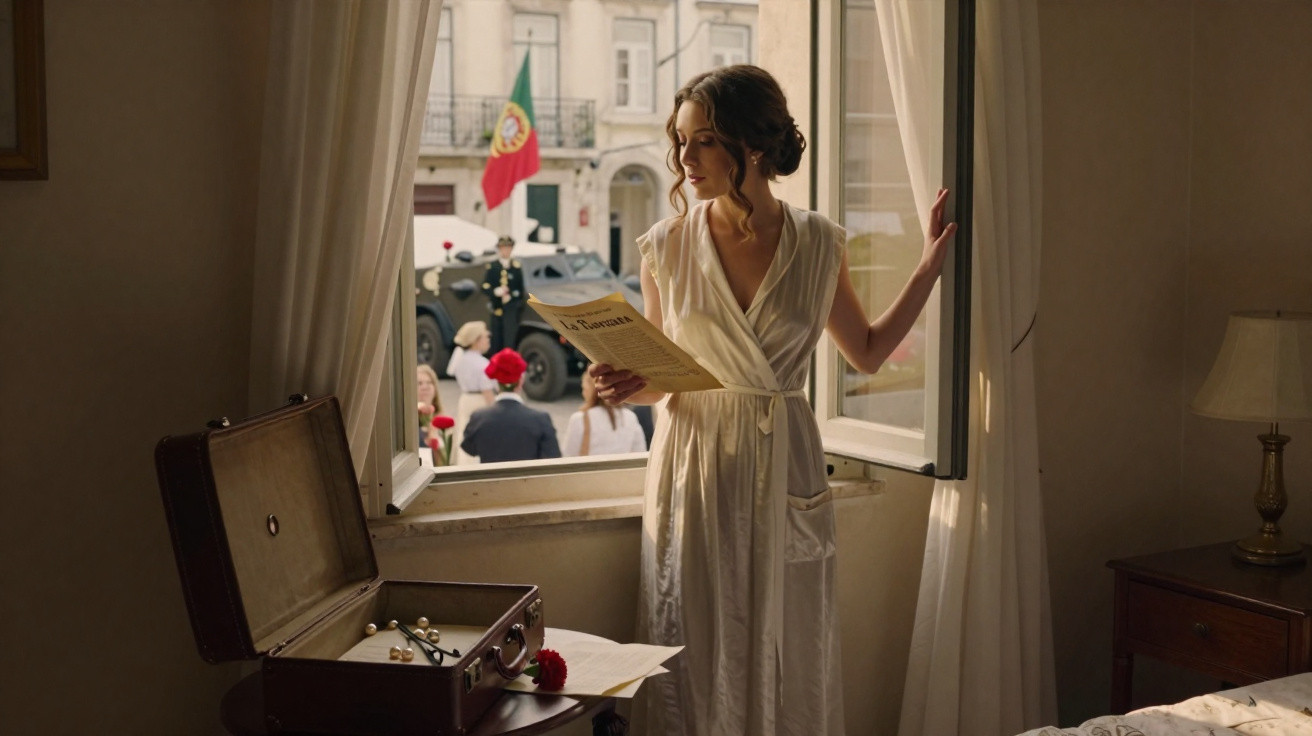 Mulher de vestido branco lê jornal perto de janela aberta com desfile militar e bandeira de Portugal ao fundo.