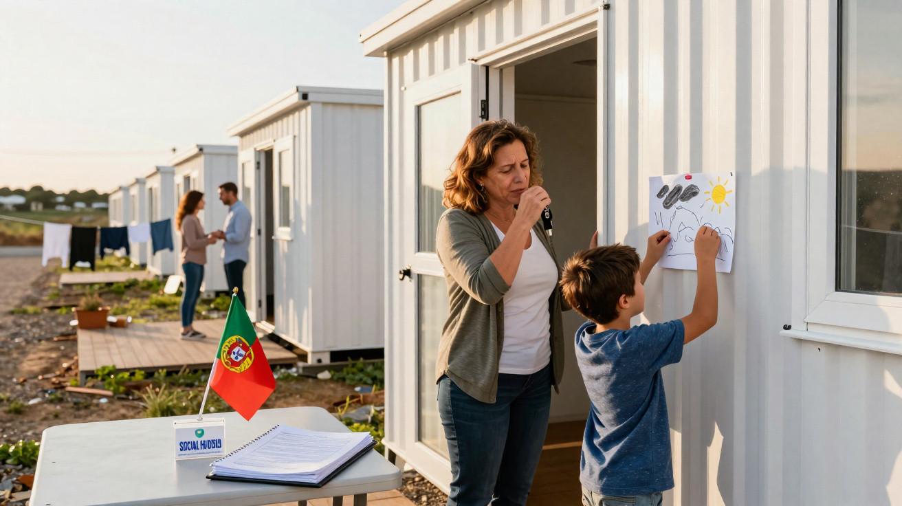Mulher e menino penduram desenho numa estrutura modular, com bandeira de Portugal e pessoas ao fundo.