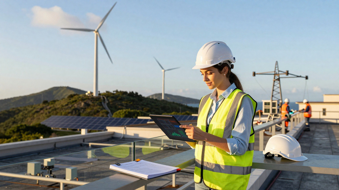 Engenheira de segurança com colete e capacete, analisando dados num tablet em central de energia renovável.