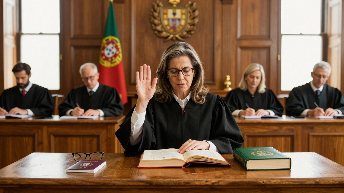 Juíza a jurar num tribunal, com livro aberto e colegas atrás, em sala com bandeira e brasão de Portugal.