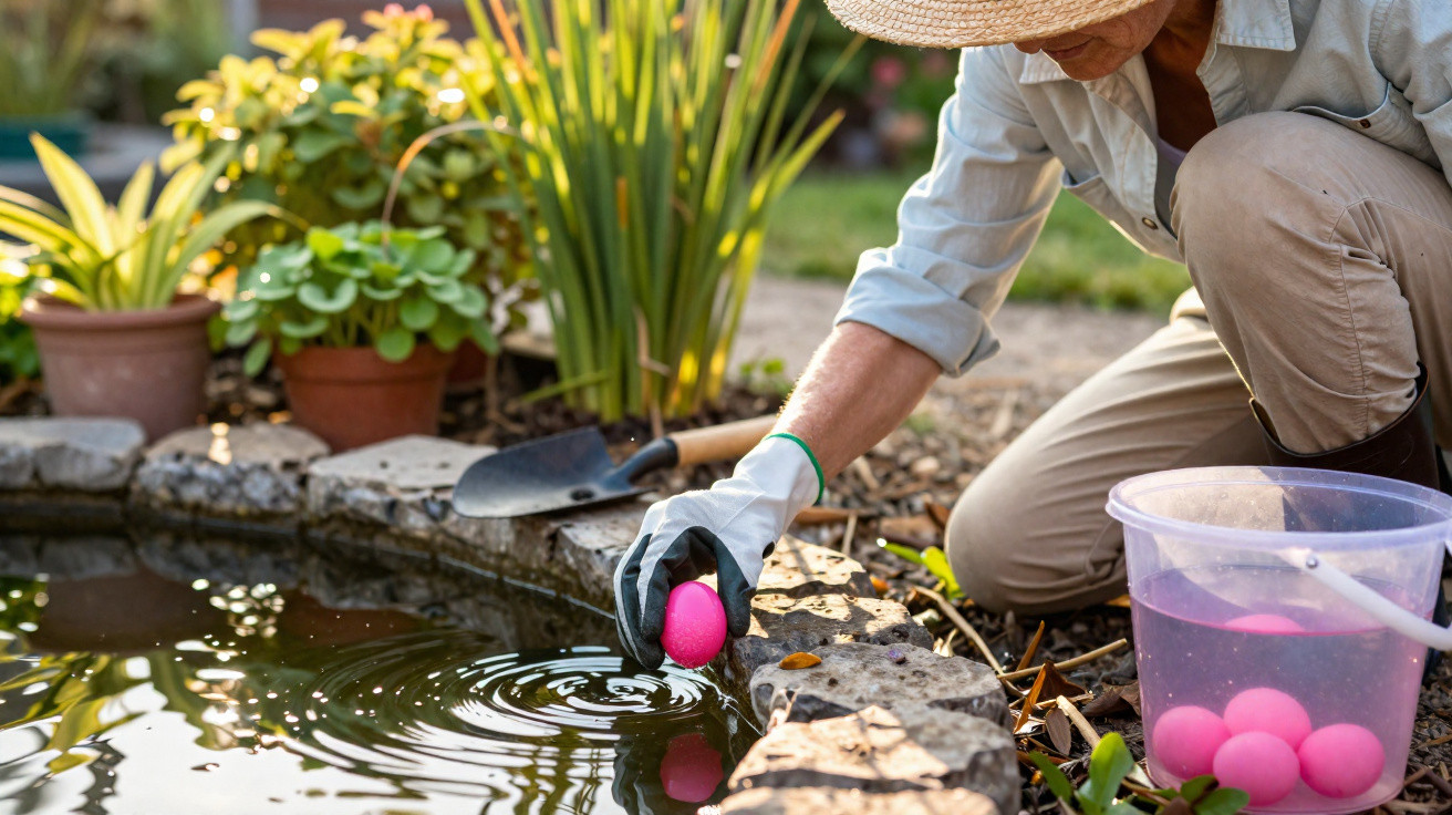 Pessoa a colocar ovos de plástico cor-de-rosa na água de um lago num jardim.