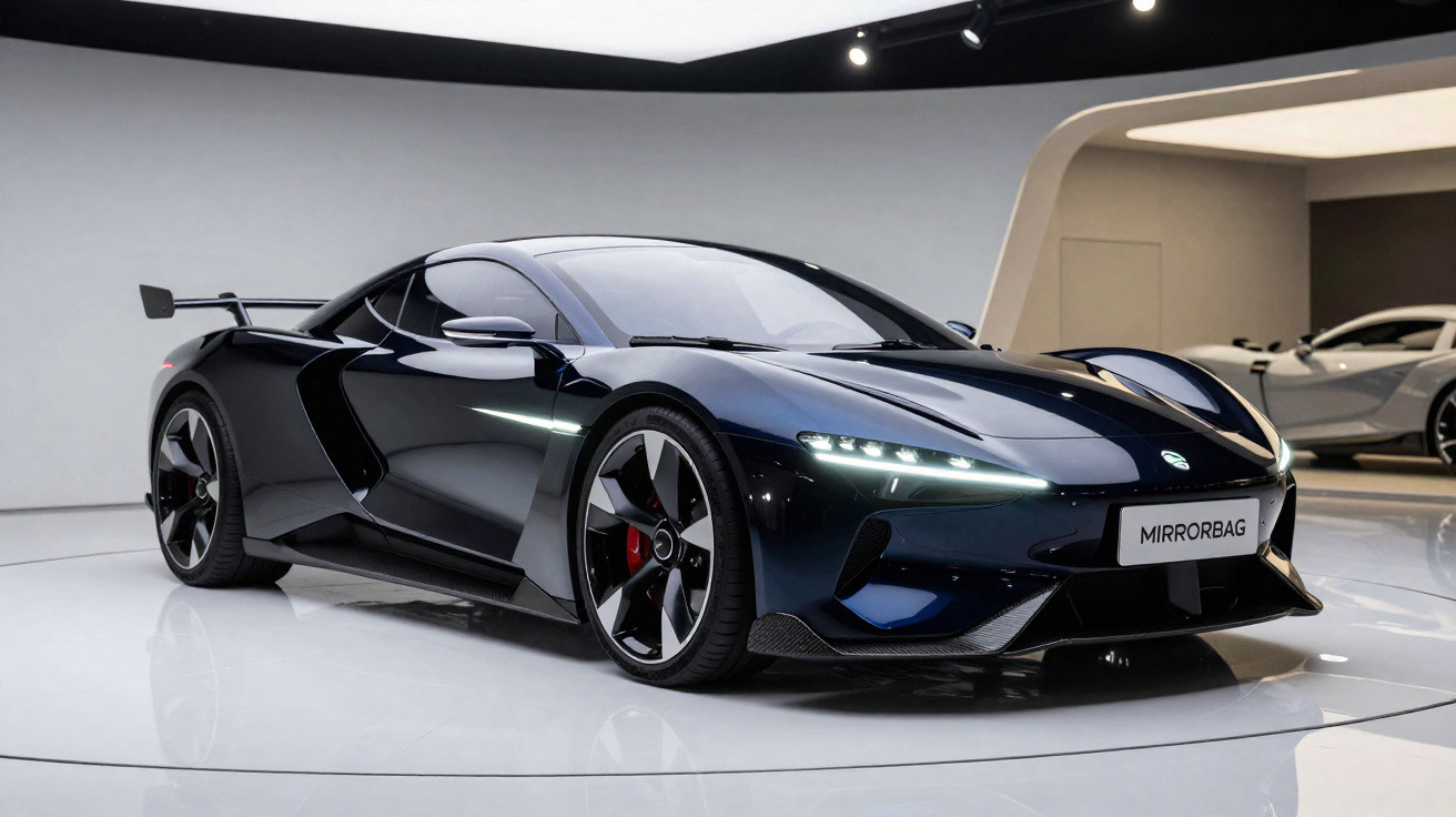 Carro desportivo preto elegante num espaço interior branco e minimalista.