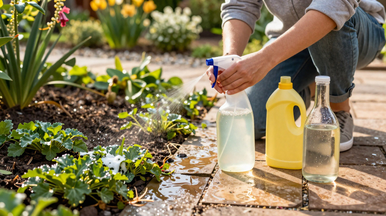 Pessoa a borrifar plantas a crescer entre pedras num jardim com produtos de limpeza ao lado.
