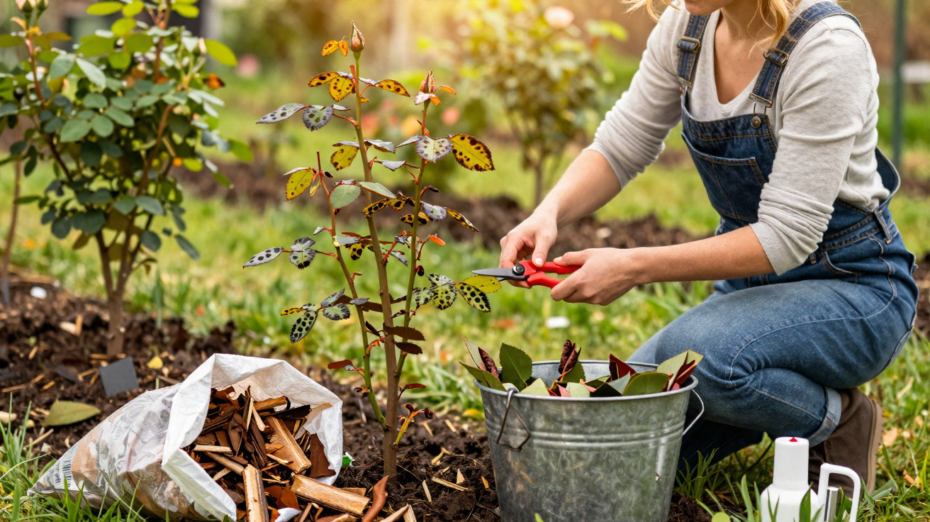 Mulher a podar plantas com tesoura de jardinagem num jardim durante o dia.