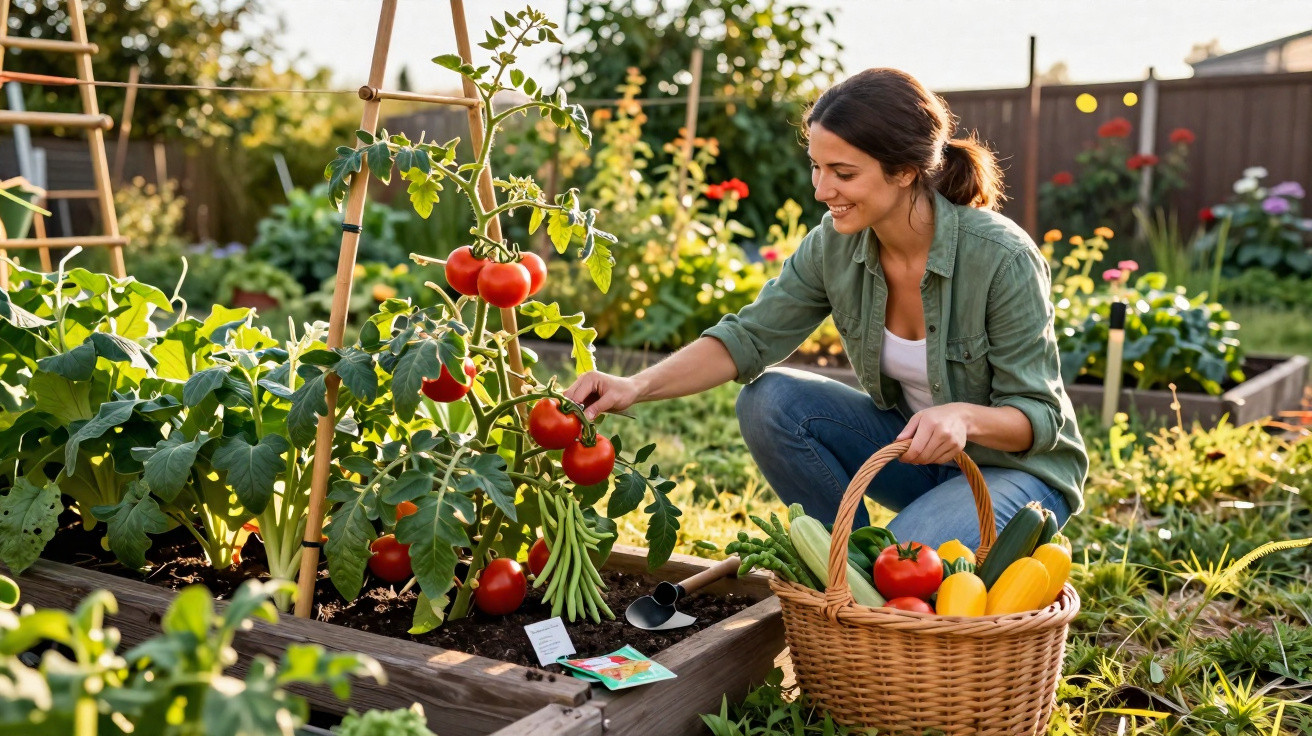 Mulher feliz a colher tomates num jardim com cesta cheia de legumes variados ao lado.