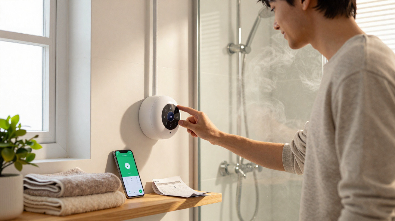 Homem ajusta termóstato digital numa casa de banho moderna com toalhas e smartphone numa prateleira de madeira.