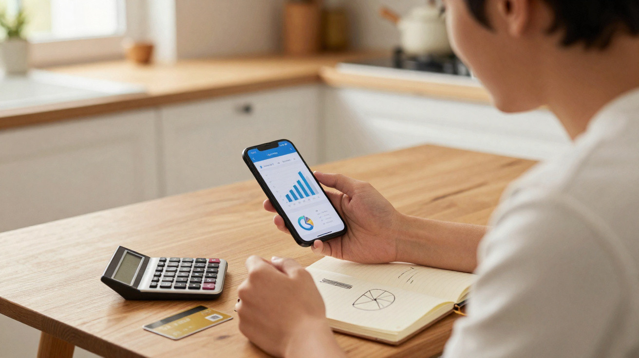 Pessoa a analisar gráficos financeiros numa aplicação no telemóvel com cartão e calculadora na mesa.