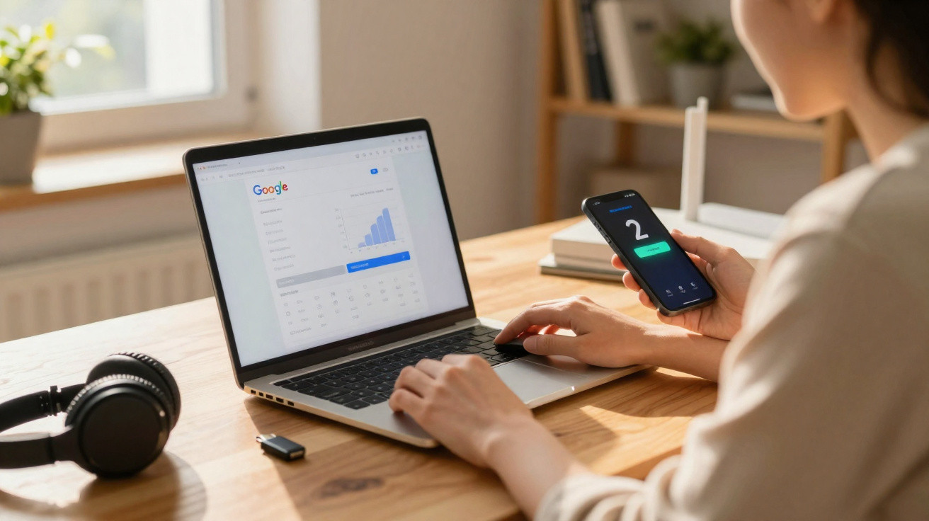 Pessoa a trabalhar num computador portátil com o Google aberto, segurando um smartphone numa mão e usando um rato na outra.