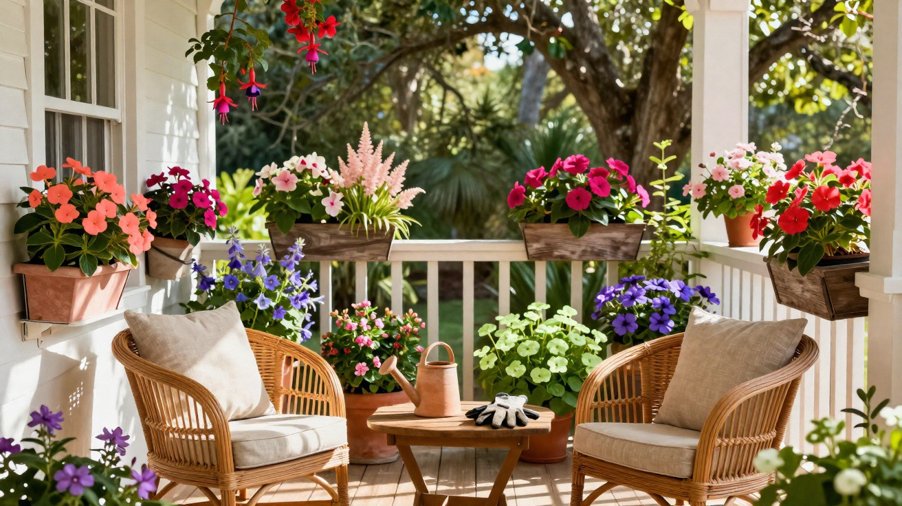 Varanda ensolarada com cadeiras de vime, mesa pequena e várias flores coloridas em vasos e floreiras.