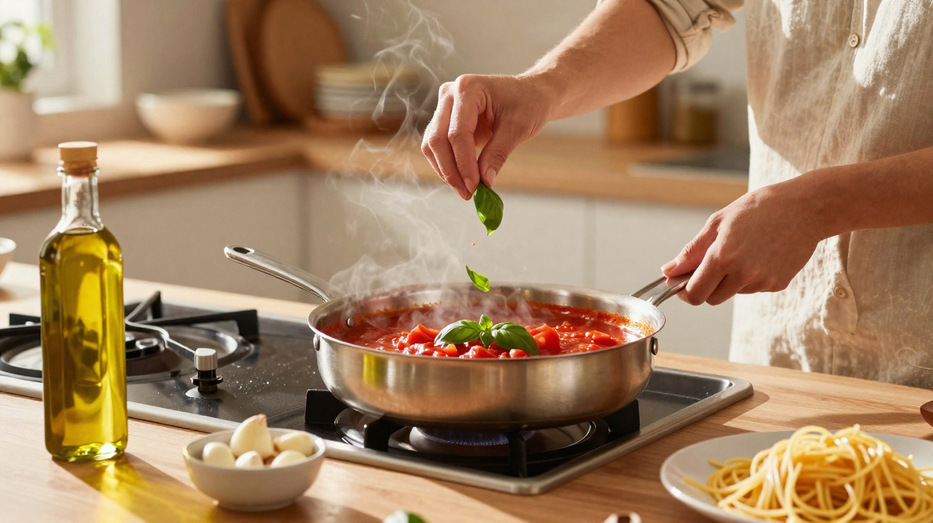 Pessoa a temperar molho de tomate fresco numa frigideira enquanto cozinha numa cozinha moderna.