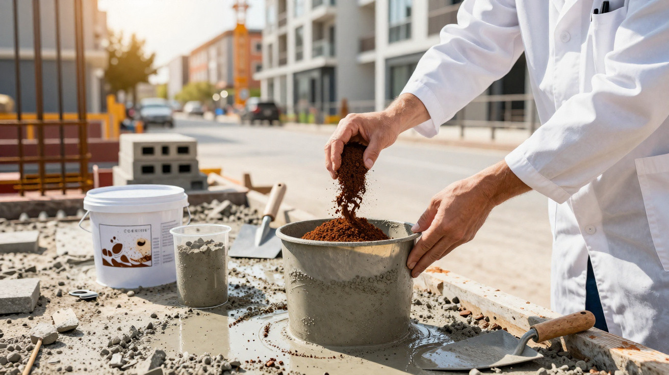 Pessoa a verter solo num recipiente de cimento para ensaio de compactação numa zona de construção urbana.
