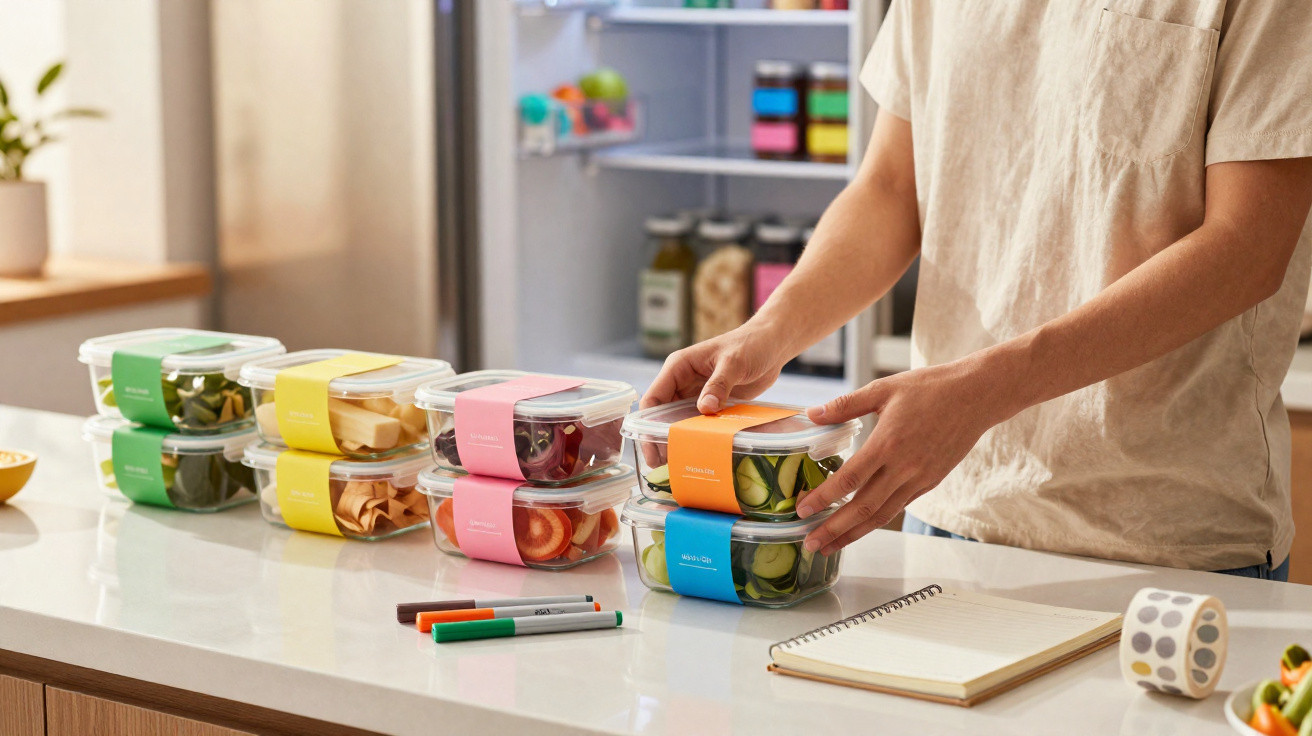 Pessoa a organizar caixas de plástico com legumes e etiquetas coloridas numa bancada de cozinha.