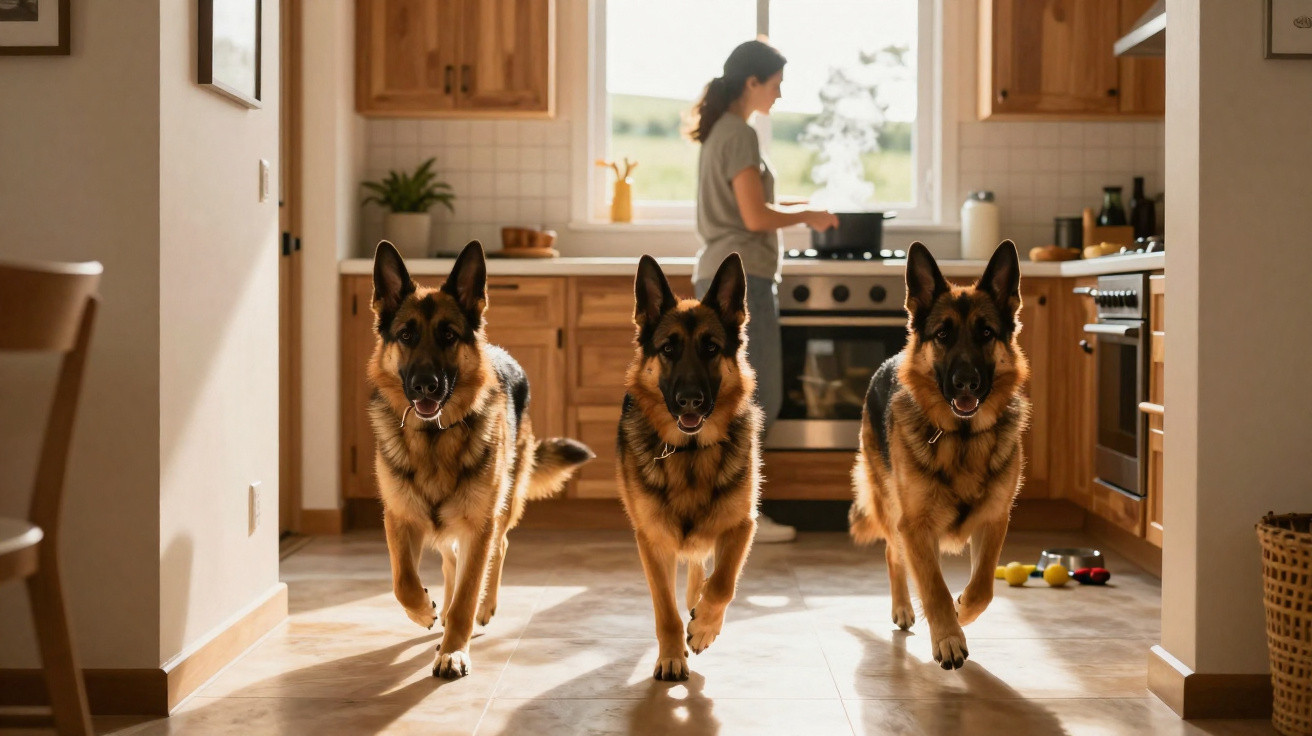 Três cães pastor alemão a caminhar numa cozinha acolhedora com uma mulher a cozinhar ao fundo.