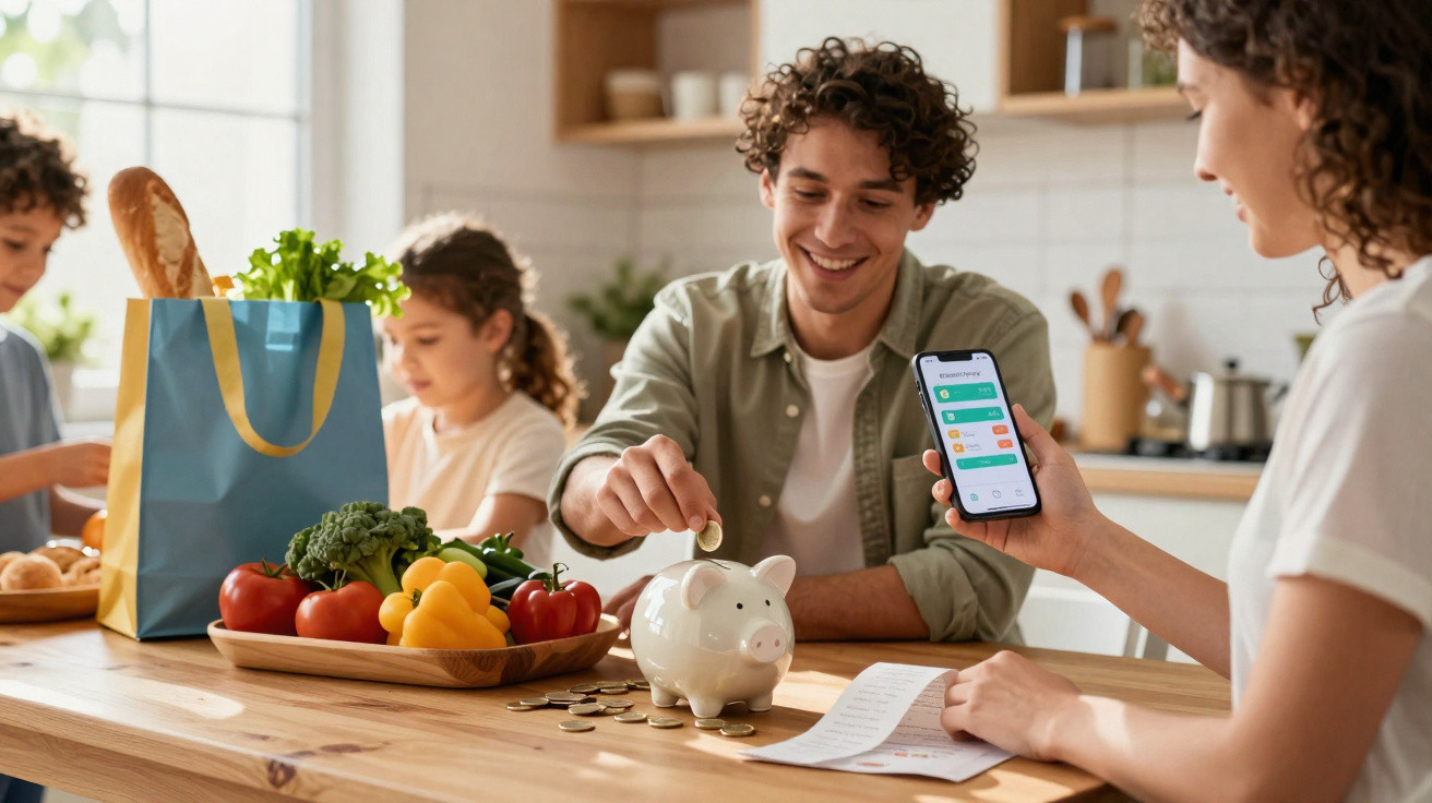 Jovem mostra aplicação financeira enquanto criança coloca moeda num mealheiro em cozinha com vegetais à mesa.
