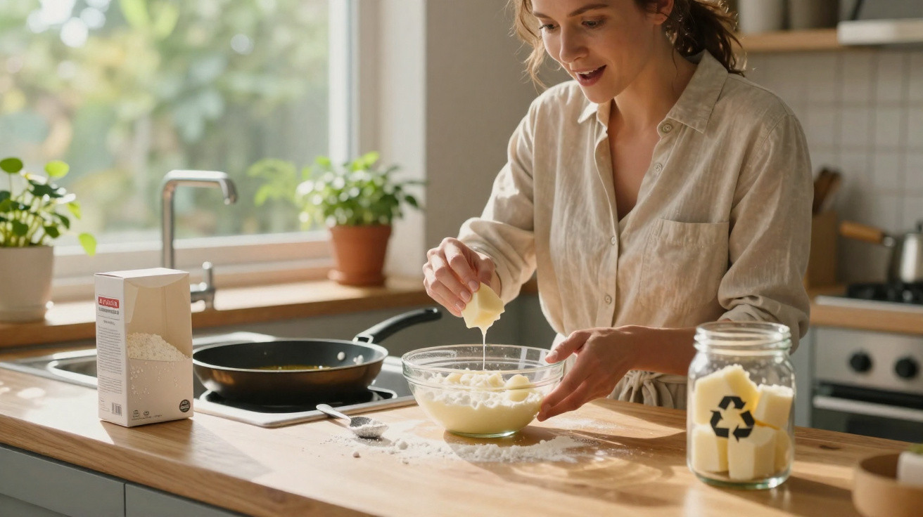 Mulher sorridente a cozinhar, derramando manteiga numa tigela com ingredientes na cozinha iluminada.