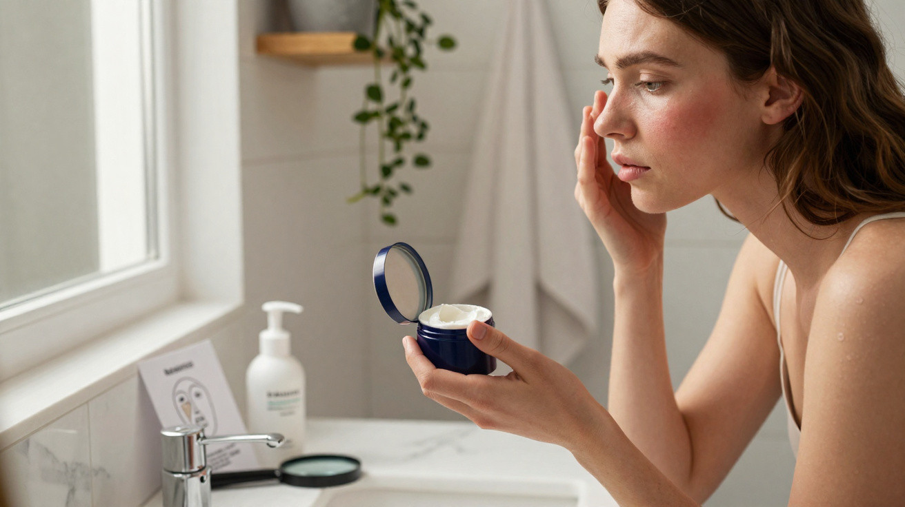 Mulher com irritação facial a aplicar creme num banheiro com luz natural pela janela.