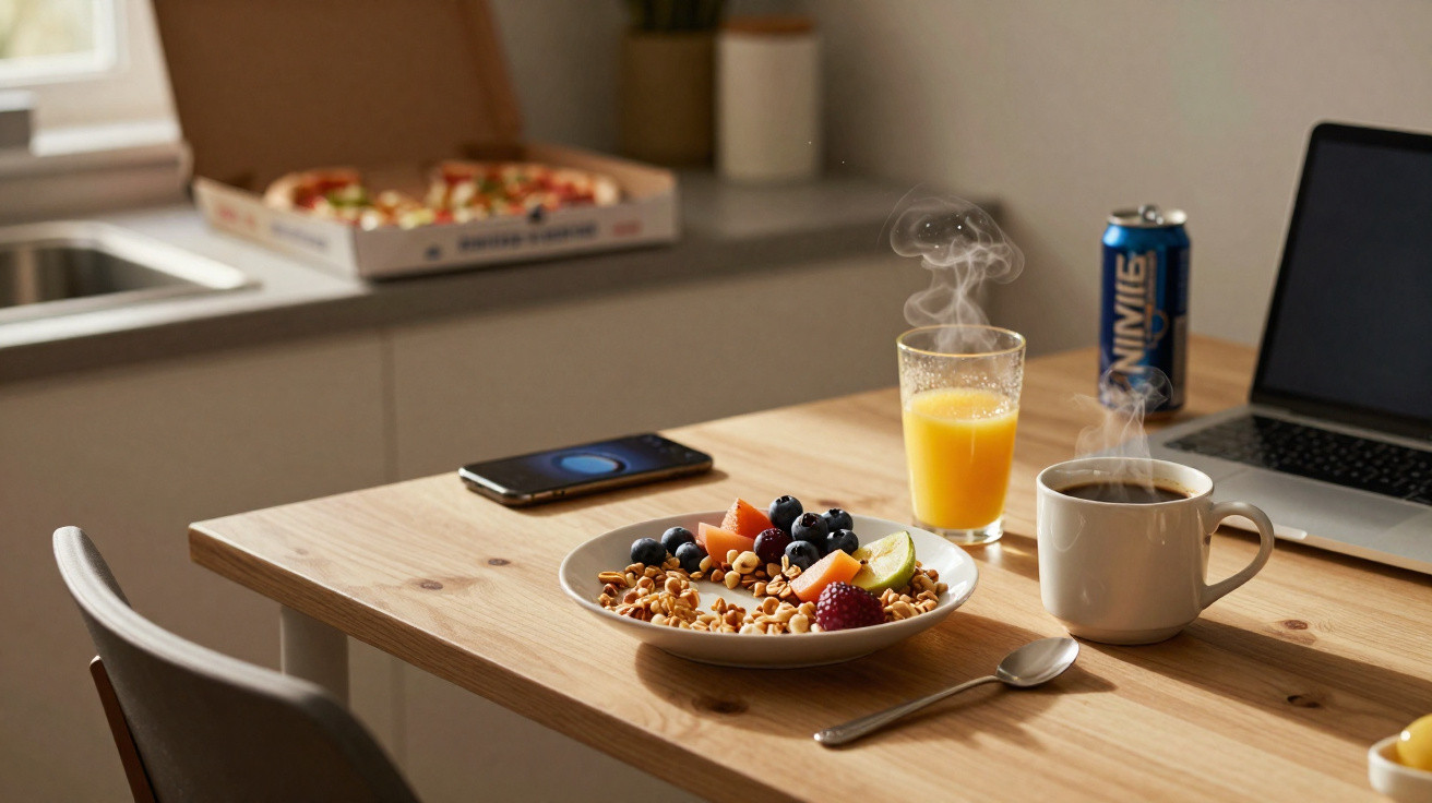 Mesa de cozinha com pequeno-almoço, chá quente, fruta, granola e sumo de laranja junto a um portátil.