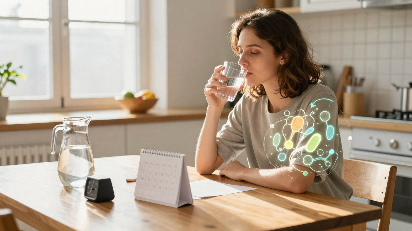 Mulher sentada numa cozinha a beber água de um copo, com ilustração digital de células no peito.