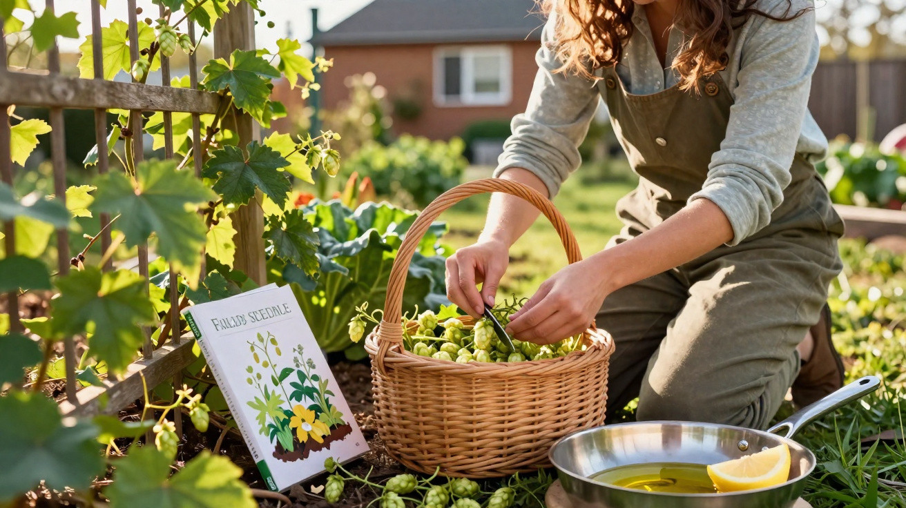 Pessoa colhendo frutos verdes para um cesto ao lado de livro e frigideira num jardim com casa ao fundo.