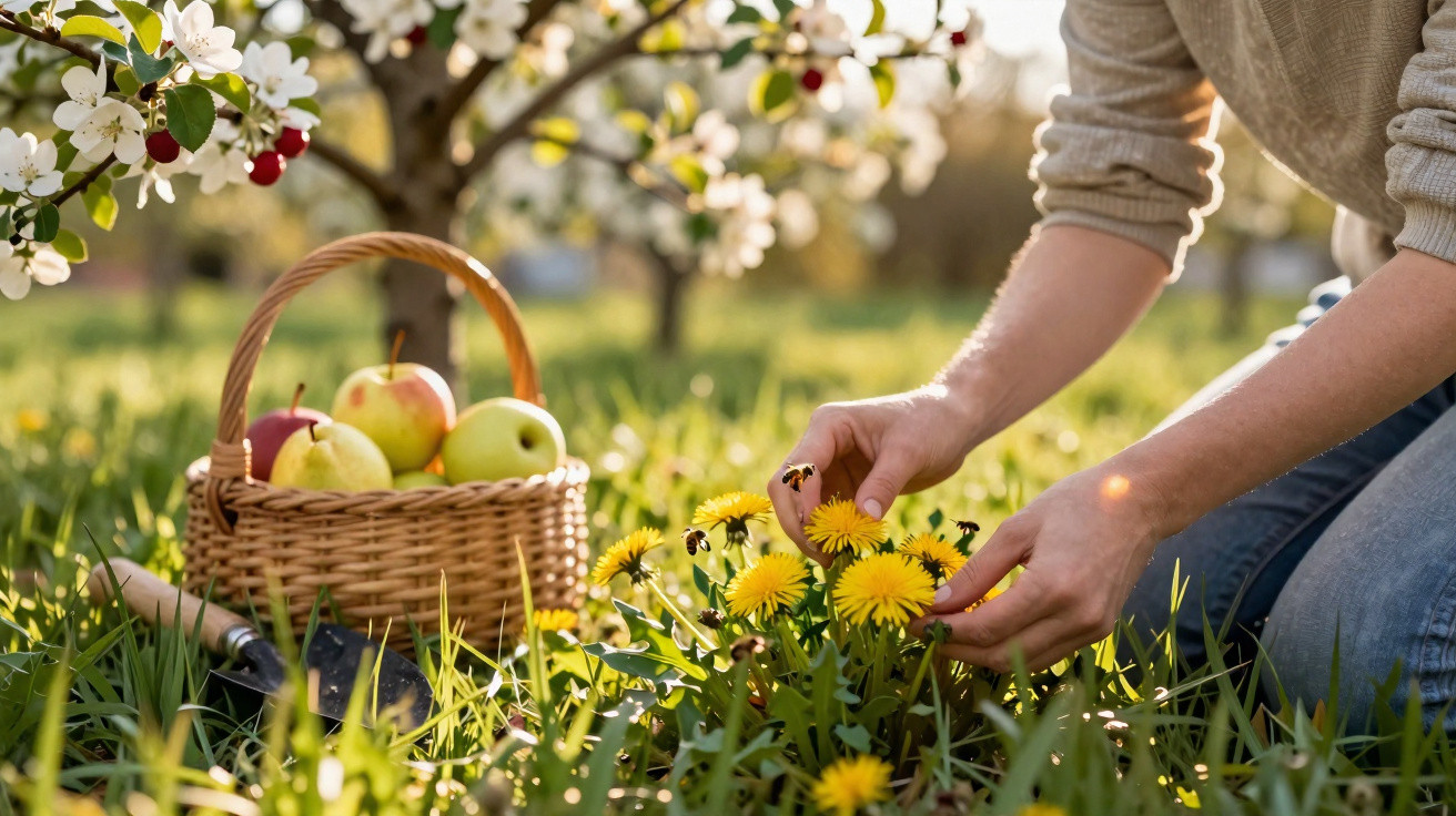 Pessoa a apanhar flores amarelas num campo com cesta cheia de fruta e árvore em fundo desfocado.