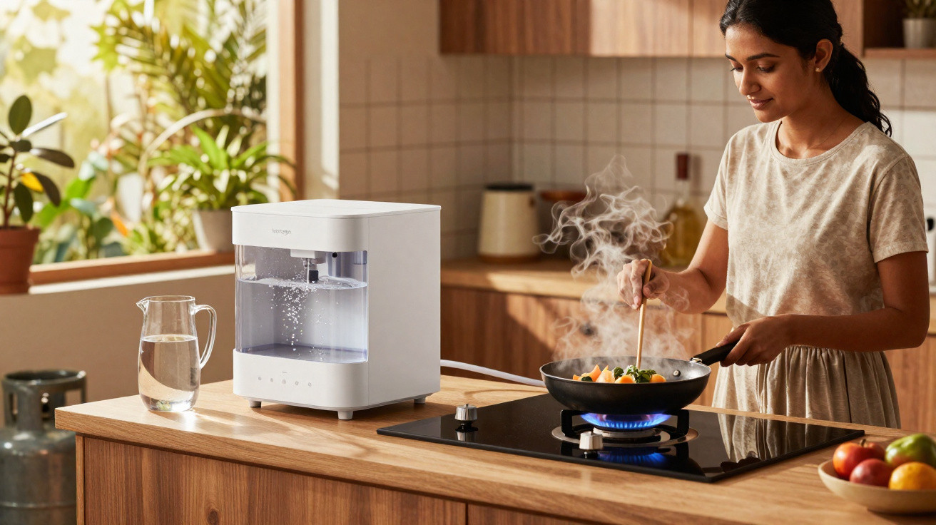 Mulher a cozinhar com frigideira e fogão a gás numa cozinha moderna com purificador de água na bancada.