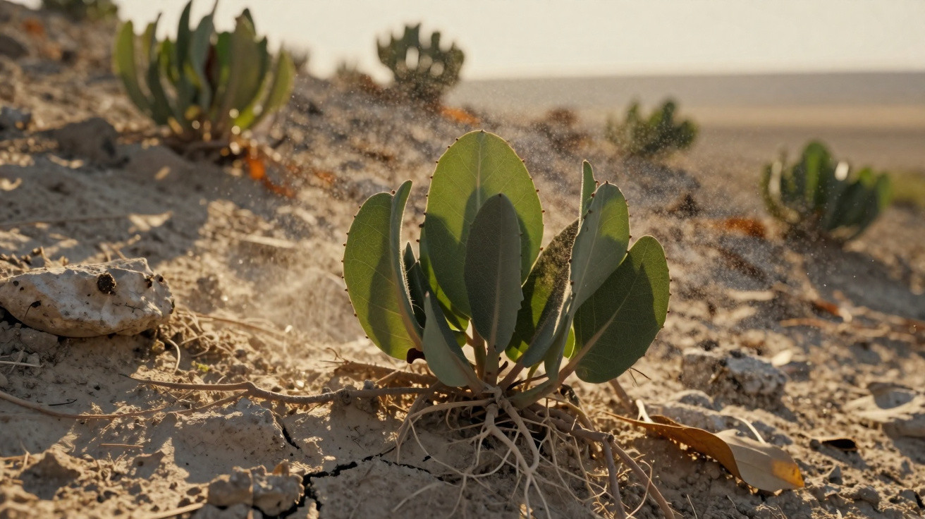 Planta resistente com folhas verdes numa área seca e rachada, iluminada pela luz do sol ao final da tarde.