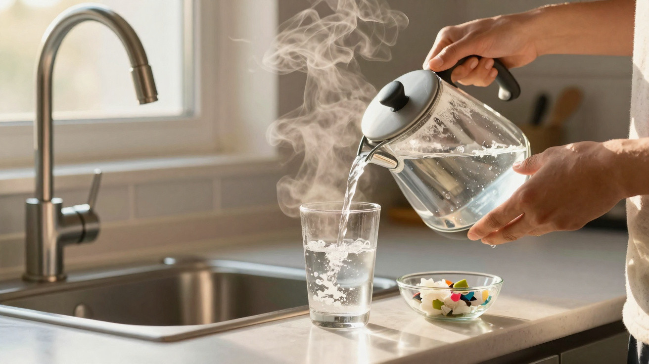 Pessoa a verter água quente de um jarro de vidro para um copo num balcão de cozinha com vapor visível.