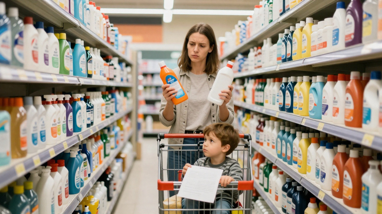 Mulher com expressão confusa escolhe entre dois produtos enquanto criança está no carrinho de compras no supermercado.