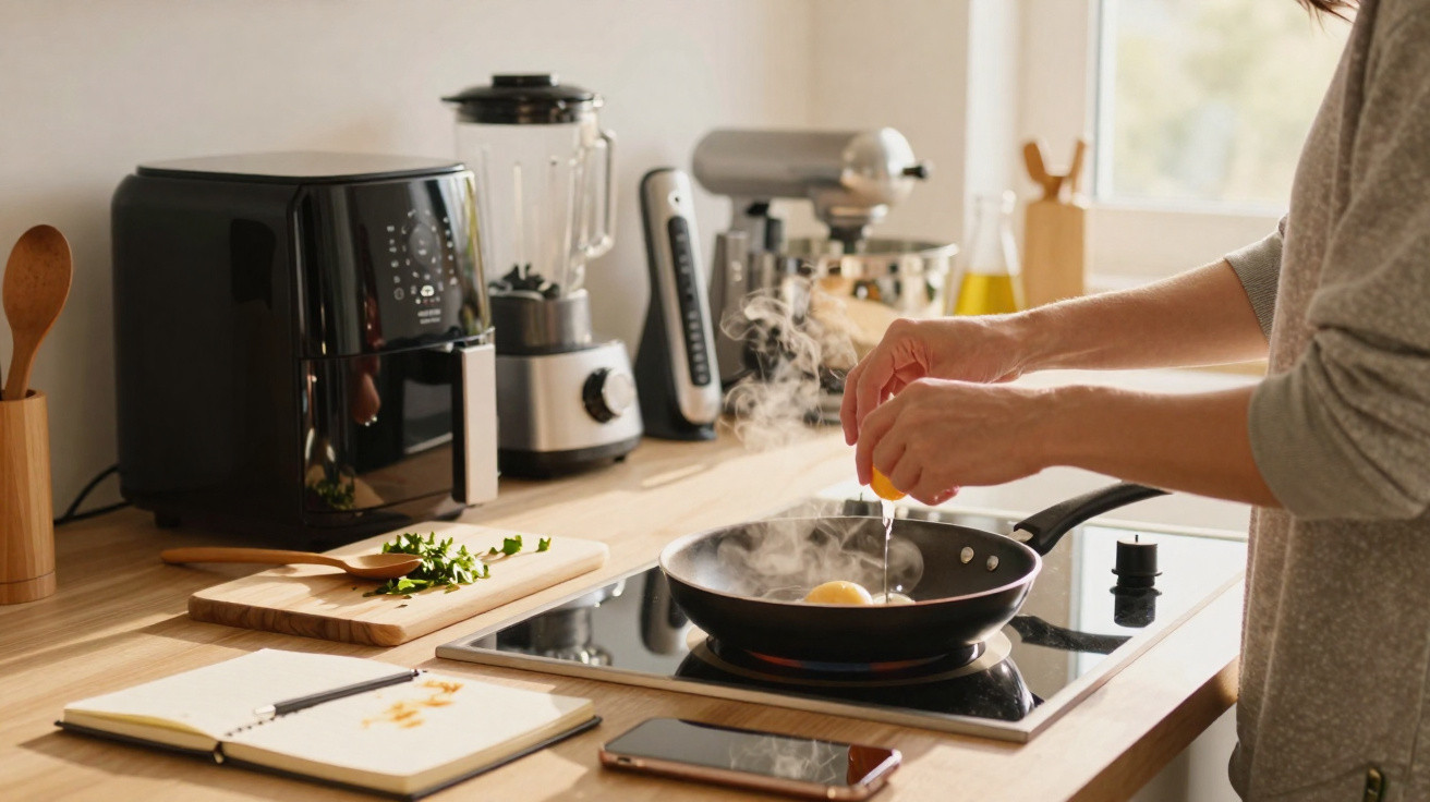 Pessoa a partir um ovo numa frigideira sobre fogão eléctrico numa cozinha moderna.