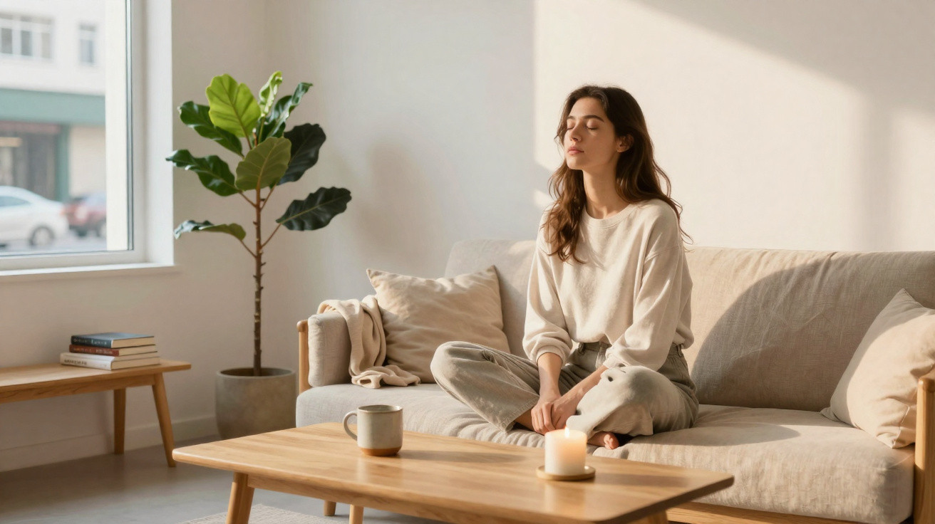 Mulher a relaxar sentada de pernas cruzadas num sofá em sala iluminada, com planta e mesa de madeira.