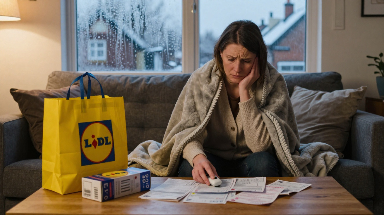 Mulher preocupada com manta enrolada, sentada no sofá a analisar contas numa mesa com sacos Lidl.