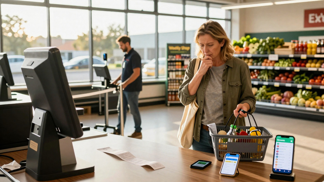 Mulher a usar uma balança digital na mercearia para pesar frutas e legumes no cesto de compras.