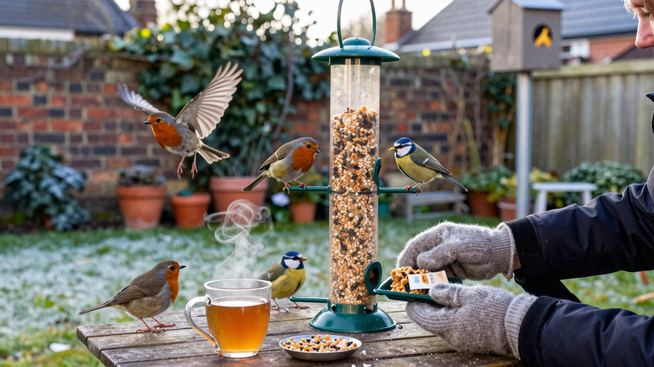 Pássaros a alimentarem-se num comedouro de jardim, com uma chávena de chá e mão com luva quente ao lado.