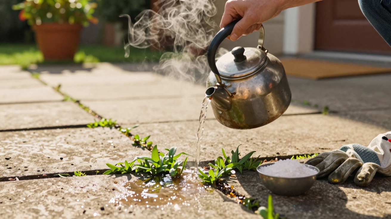 Pessoa a verter água quente de um bule sobre plantas a crescer entre pedras numa calçada.