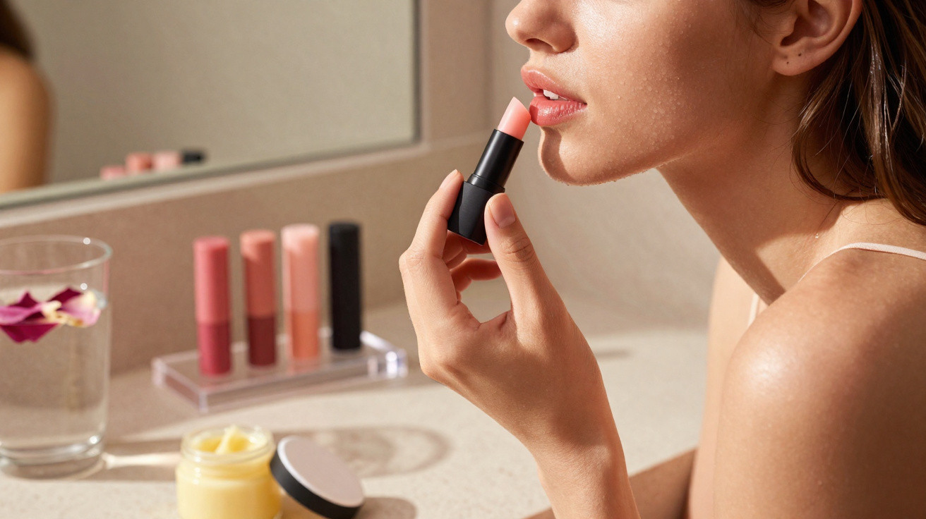 Mulher a aplicar batom cor de rosa com jarro de água e cosméticos numa bancada clara.