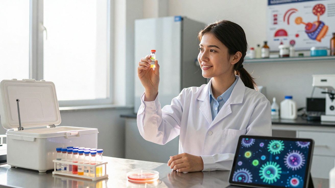 Cientista feminina em laboratório a analisar frasco com vacina, rodeada por equipamentos e imagens de vírus.