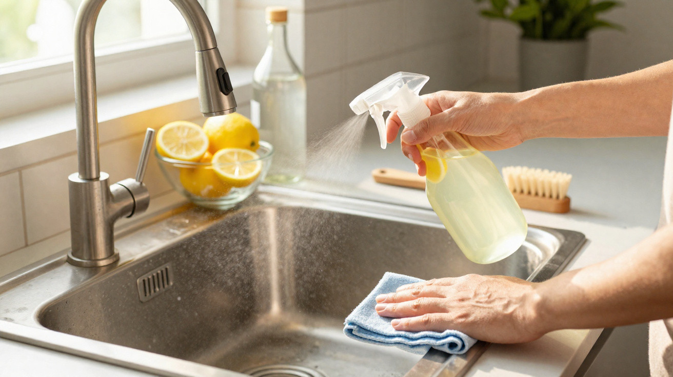 Pessoa a borrifar solução com limão para limpar uma pia de cozinha em aço inoxidável.